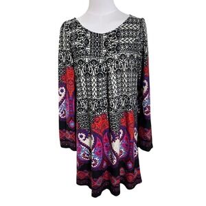Boho Y2K Paisley Tunic Dress Empire Waist Retro Artsy Print‎  Black Red Purple L